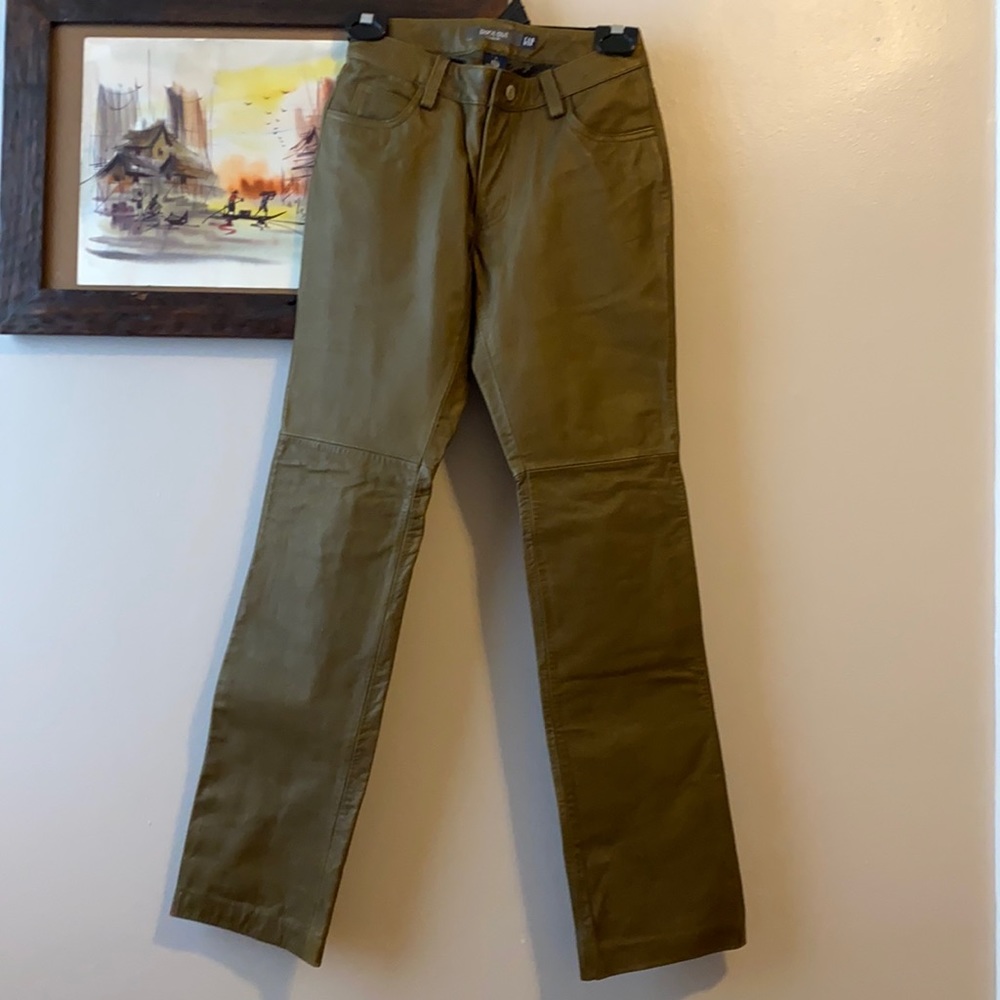 Genuine leather dark olive green boot cut pants